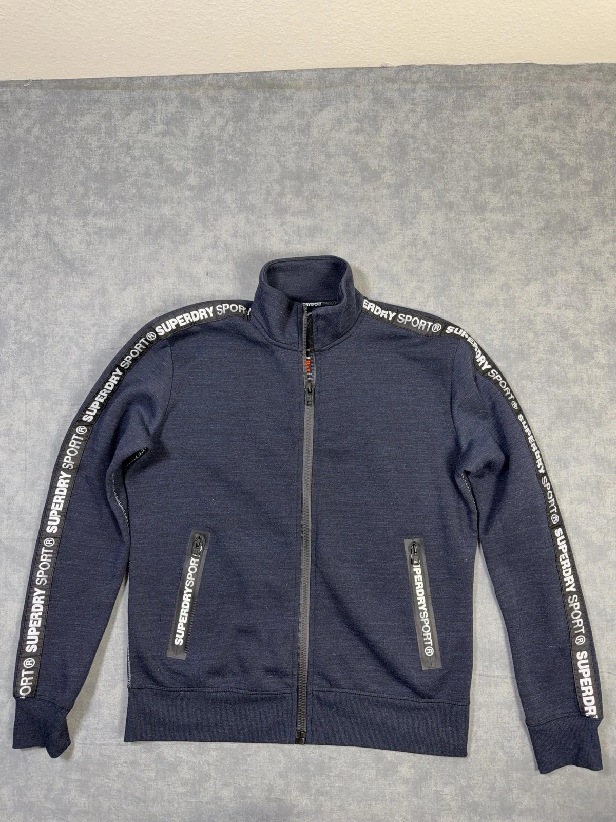 Superdry Sport Gym Tech Track Jacket Mens XL Blue Full Zip Logo Tape Athletic