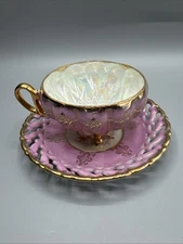 Vintage Royal Sealy Japan Pink Lusterware Teacup & Reticulated Saucer Gold Trim