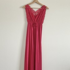 Vintage Red Satin Lace Trim Maxi Slip Dress Romantic Valentine Size M