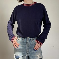 Vintage 70  s Navy Blue Ringer Sweatshirt Size Large