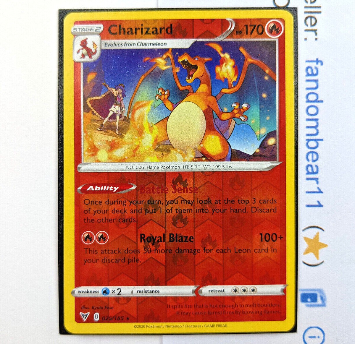 Charizard REVERSE HOLO RARE card 025/185 SWSH Vivid Voltage