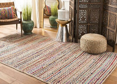 Rug 100% Natural Jute Cotton Reversible Braided Carpet Living Modern Area Rug