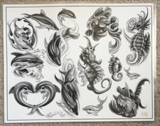 Tattoo Flash Single Sheet Print 11 X 14 Dolphin Sea Horse Porpoise Ocean