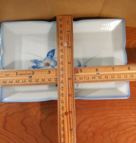 2 New Porcelain Embossed Sushi Plates Dish Tray White Blue Flower Print 8 x 5" - Picture 5 of 5