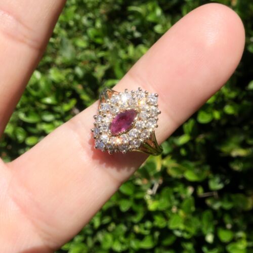 Classic 14k Solid Yellow Gold 3/4ct Natural Marquise Ruby & Diamond Ring Size 7 - Picture 3 of 10