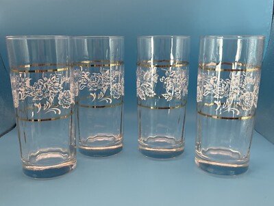 Vtg  Pasabahce Circle Highball Glasses Floral & Gold Rim Duchess Collection (4)