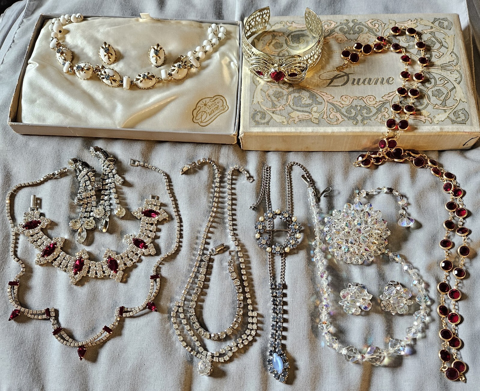 Vintage Jewelry Lot Rhinestone Crystal Earrings Duane Necklace Set