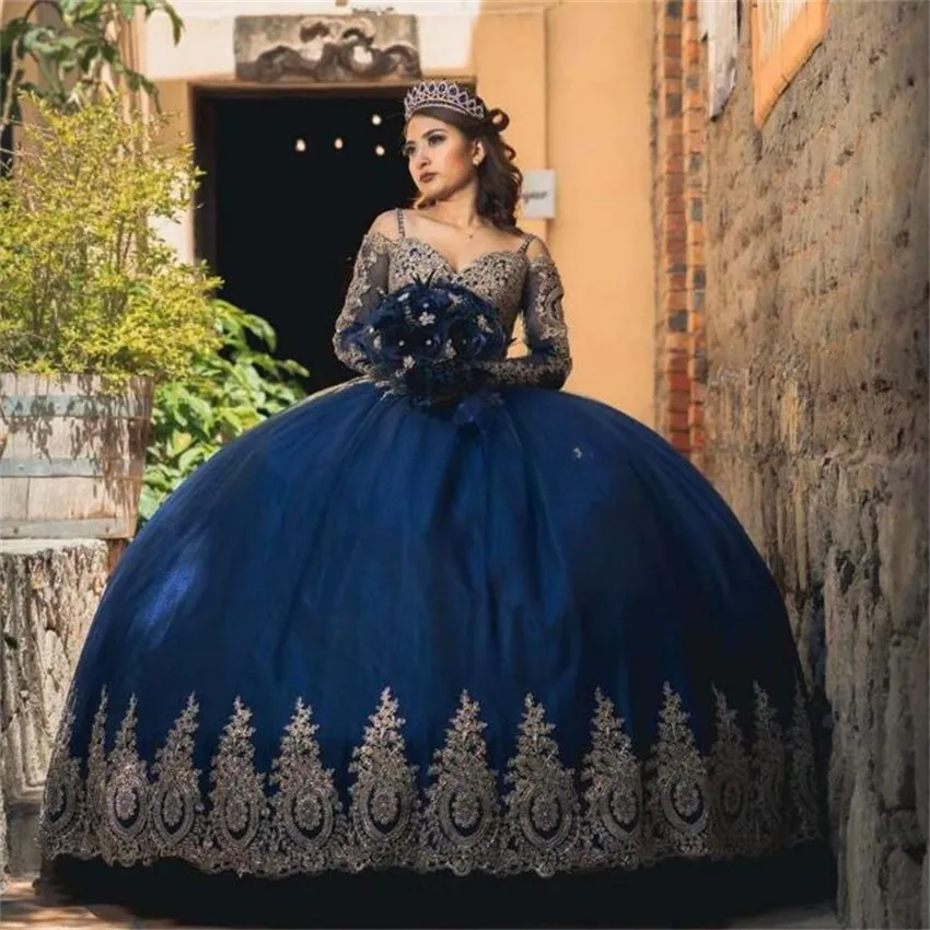 slim fit dress slacks Gold Lace Charro Quinceanera Dress Long Sleeve Off The Shoulder main image 1