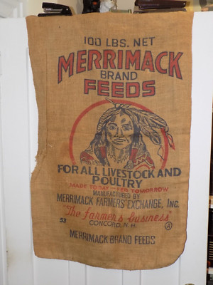 Vintage Merrimack Brand Feeds 100 Pound Burlap Empty Sack