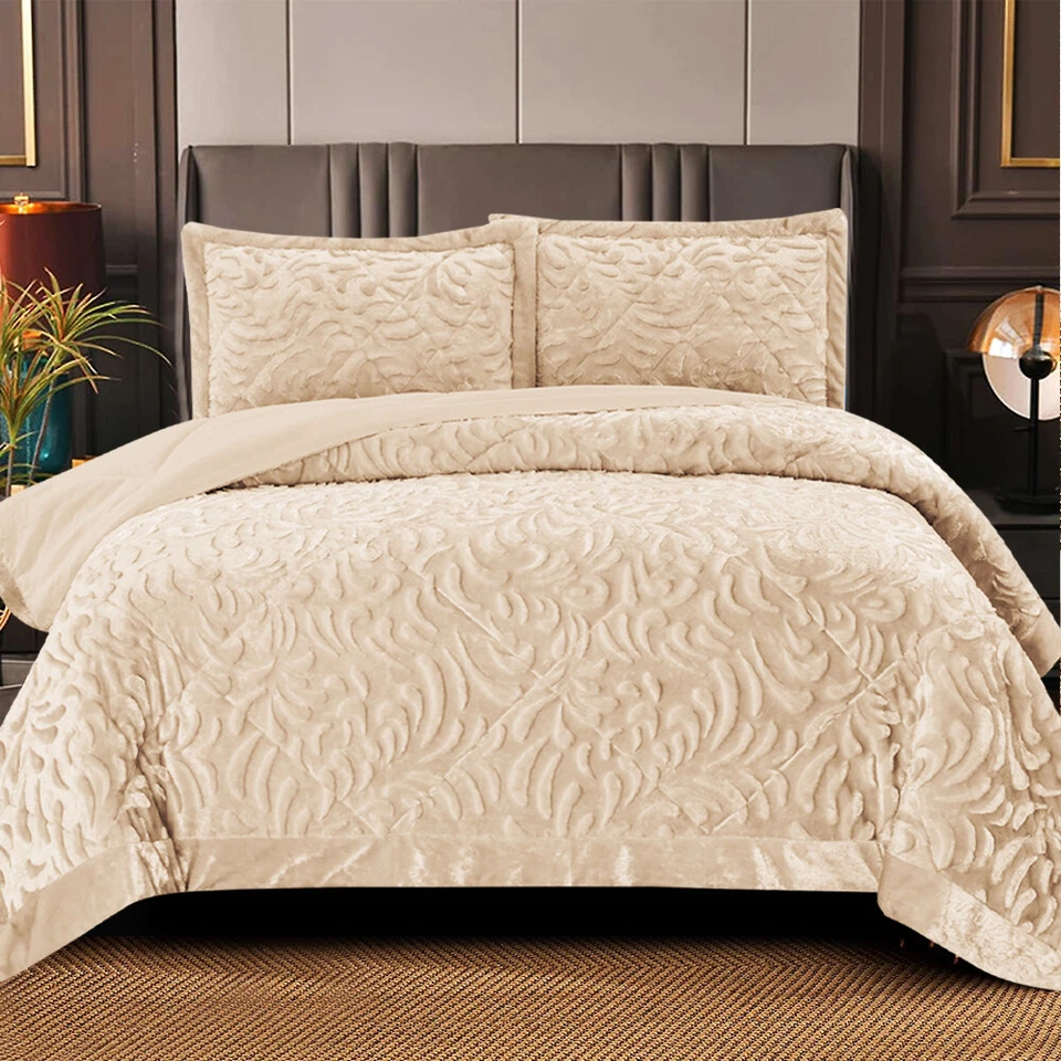 3 Piece Velvet Quilted Bedspread Throw Embossed Bedding Set Double King Size - Image 4 of 4