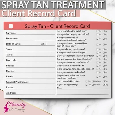 BEAUTY STATIONERY Spray Tan Client Record Card Treatment Consultation Beauty Salons Spa A6
