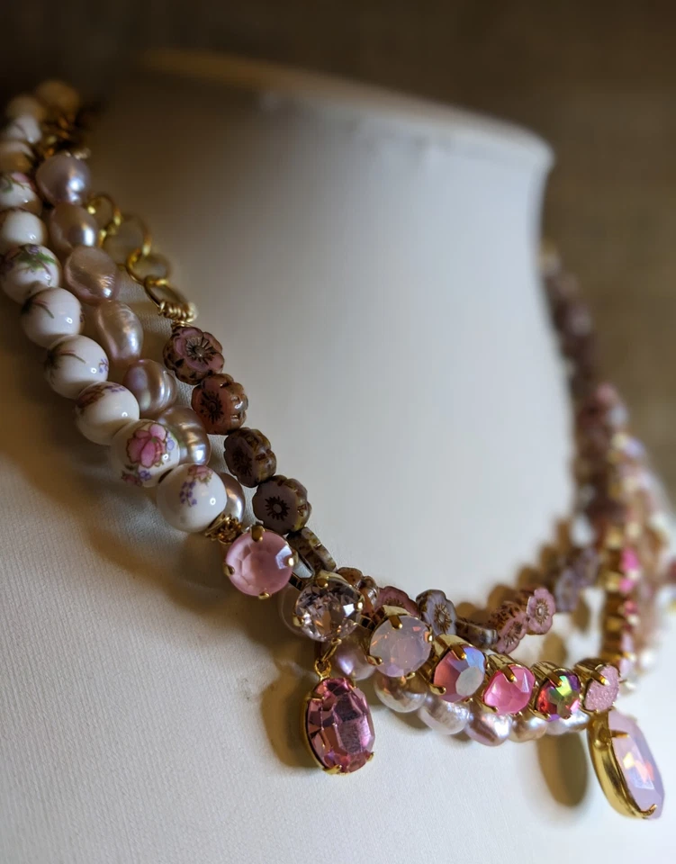 Victorian Darling Pink Opal Swarovski Crystal Porcelain & Beads Layered Necklace - Image 3 of 4