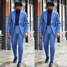 Summer Blue Linen Men's Suit Casual Slim Fit Peak Lapel Wedding Tuxedo 2 Pieces