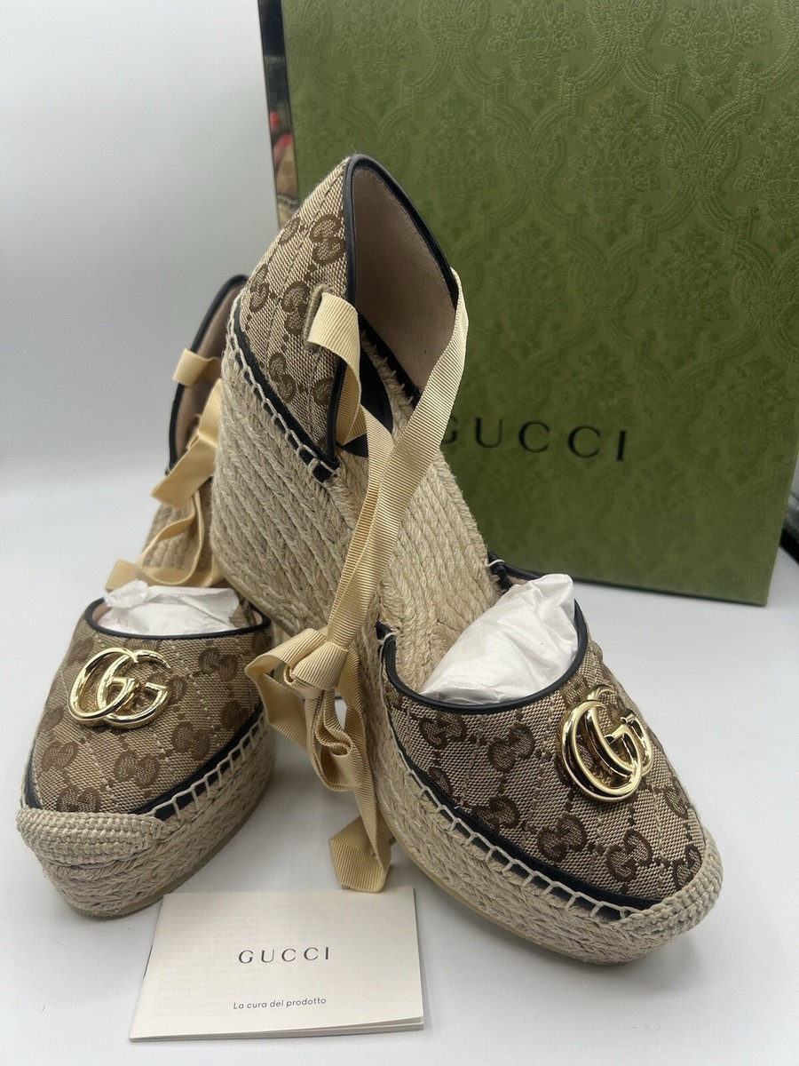 NIB Gucci Marmont Espadrille Wedge Sandal EU40/US 9-10 Beige Monogram Ankle  Wrap | eBay