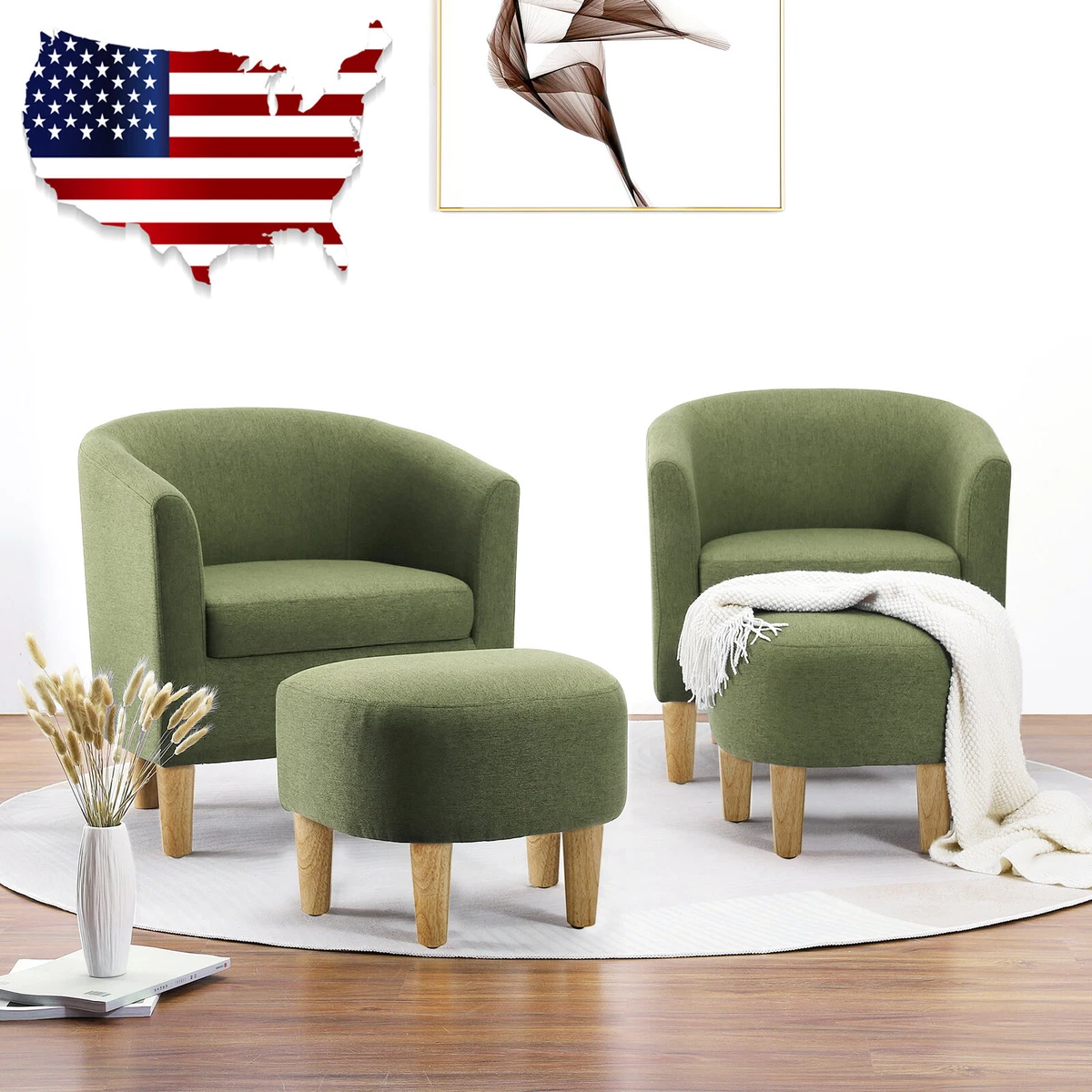 1 2 X Accent Chair With Ottoman Linen Fabric Upholstered Barrel