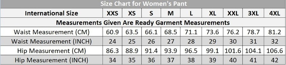 Size Chart Women Pant