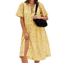 Free People Bella Mae Midi Dress Buttondown Floral Printed Yellow XL Boho Casual