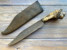 Ancien Couteau POIGNÉÉ BOIS DE CERF SCULPTÉ "TETE DE LION"  VINTAGE KNIFE MESSER