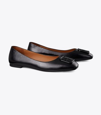 Tory Burch Women s Black Leather Ballet Flats Logo Slip On Square Toe 8.5