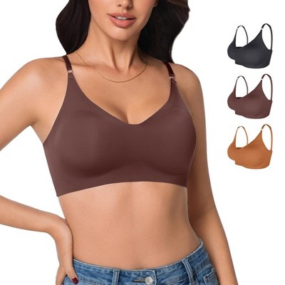 ZYQEXA 3 Pcs Wireless Seamless Bras Large, Black, Dark Brown, Light Caramel 