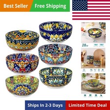 Cereal Bowls Set of 6, Bohemian Ceramic Soup Bowls, 28 oz Colorful Bowls Set ...