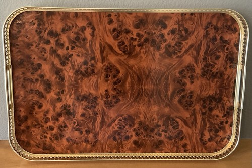 Vtg MCM Italian Serving Tray MB Patent, Faux Burlwood Woodgrain Gold 22X14X1.5in