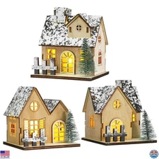 Toyvian 3-Piece Christmas Village Houses Set: Illuminated Wooden Decor Cabins