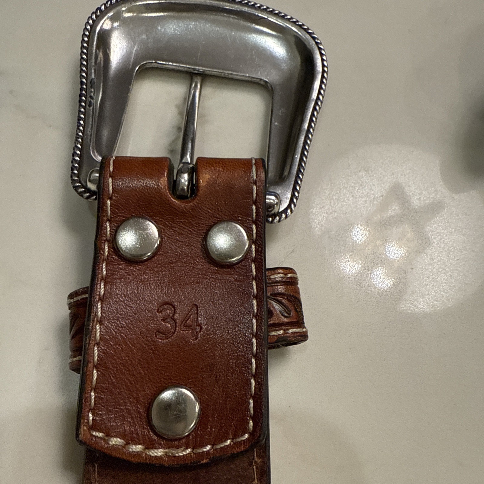 Nocona Belt Co Men's Tooled Western Belt- Size 34 -Brown/Black w/ Silver Buckle