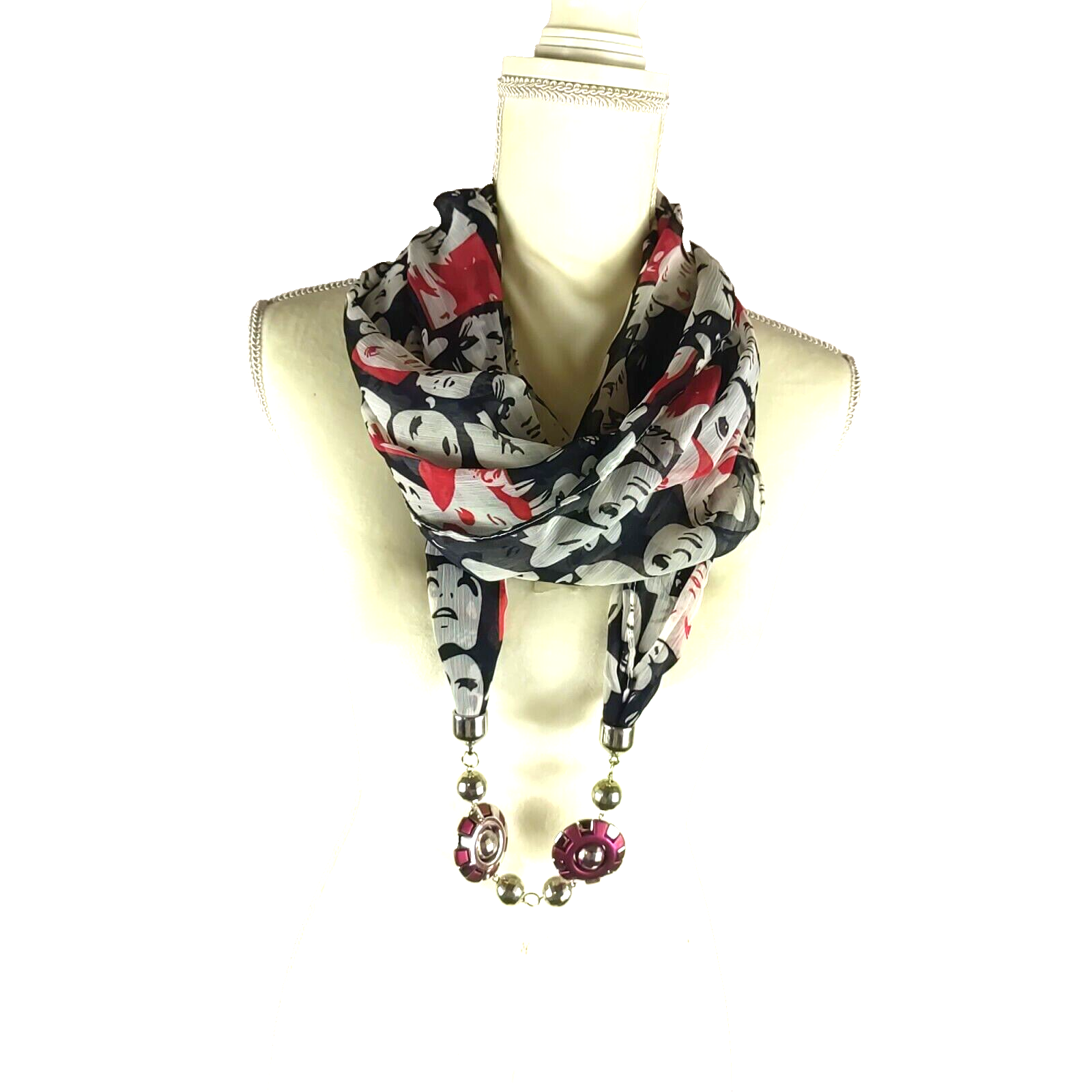 Black Red White Boho Infinity Scarf with Silver Beaded Faces