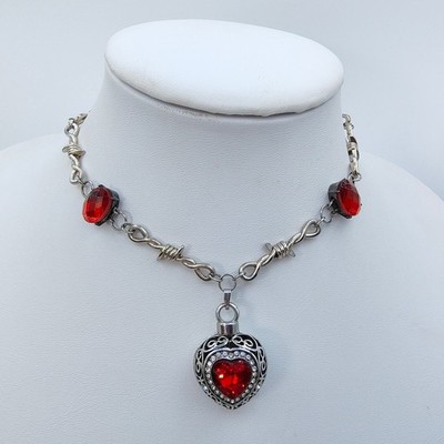 Gothic Punk Barbed Wire Red Heart Puffy Pendant Necklace Choker Adjustable