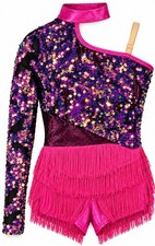 Revolution Dancewear XLC Fuchsia Black Sequin Fringe Dance Costume Jazz Tap