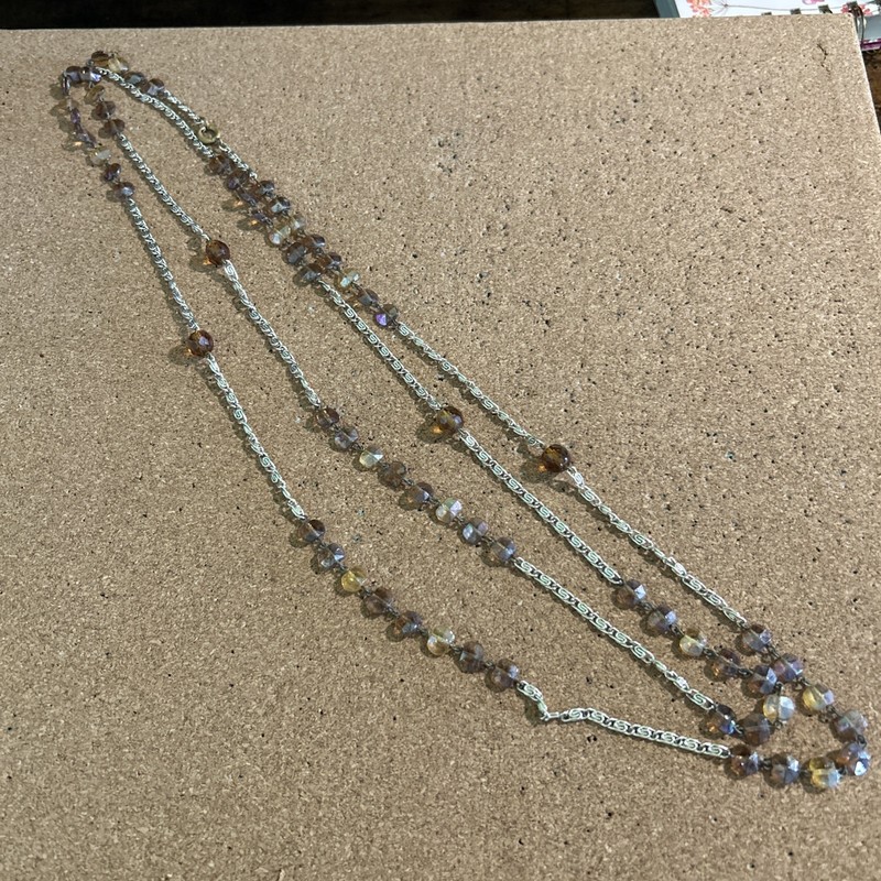 Extra Long Sterling Silver Necklace With Multi-colored Glass Beads & Braid Chain