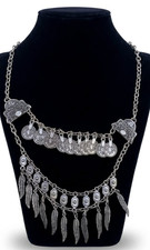 Vintage Silver Tone Boho Coin Feather Tassel Layered Necklace Gypsy Bibi Women