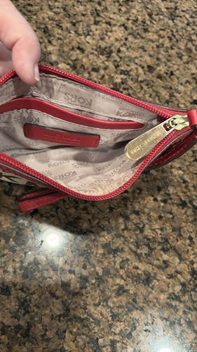 Michael Kors Monogram Khaki Red Leather Trim Small Zip Wristlet Wallet Coin - Picture 2 of 2