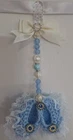Pram charms*new*Blue/cream Boys booties  pram charm hand knitted With Mixed bead