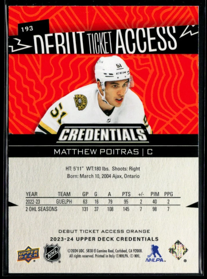 2023-24 Upper Deck Credentials Orange #193 Matthew Poitras RC 111/249 - Image 2 of 2