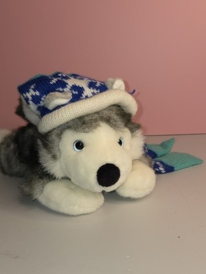 Vintage Aurora Husky Puppy Dog Plush Floppy Stuffed Wolf Blue Eyes Scarf And hat