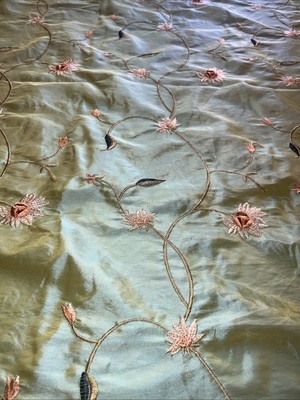 SAMPLE FAUX SILK FLOWERS EMBROIDERED~DRAPERY UPHOLSTERY  - Green / Blue