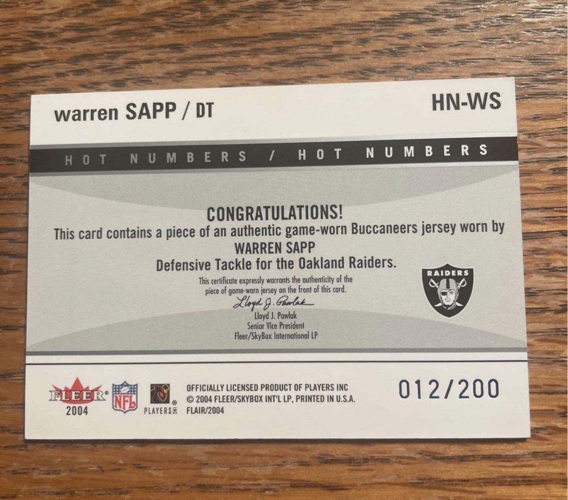 Warren Sapp game-used jersey card /200 view 2