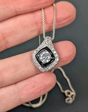Women's Vintage Sterling Silver 925 CZ Black Enamel Slide Pendant 18" Necklace 
