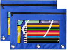 Pencil Pouch for 3 Ring Binder, 2 Pack Blue 3-Holes Zipper Pencil Pouches, Sturd