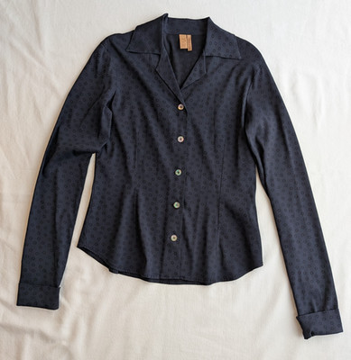 Romeo Gigli Vintage Navy Silk Blouse Italian Designer Mother of Pearl IT 46