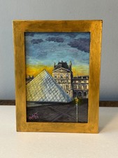 Quadro acrilico originale incorniciato Louvre al tramonto 5 x 7 Parigi Francia opera d'arte