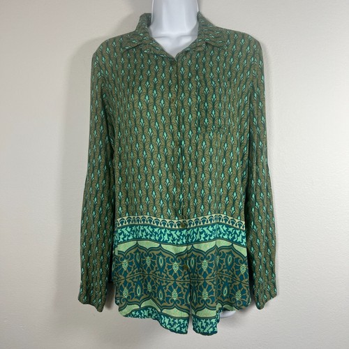 Sea Lustre Womens Button Up Blouse Medium Boho Geometric Flowy Lightweight Green - Picture 11 of 11
