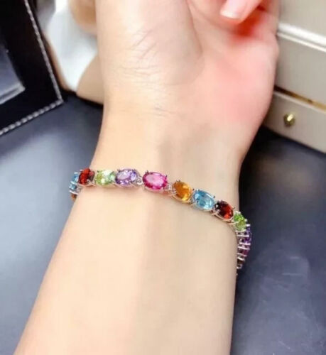 6Ct Oval Lab Created Multi Color Gemstones Tennis Bracelet 14K White Gold Plated - Picture 3 of 7