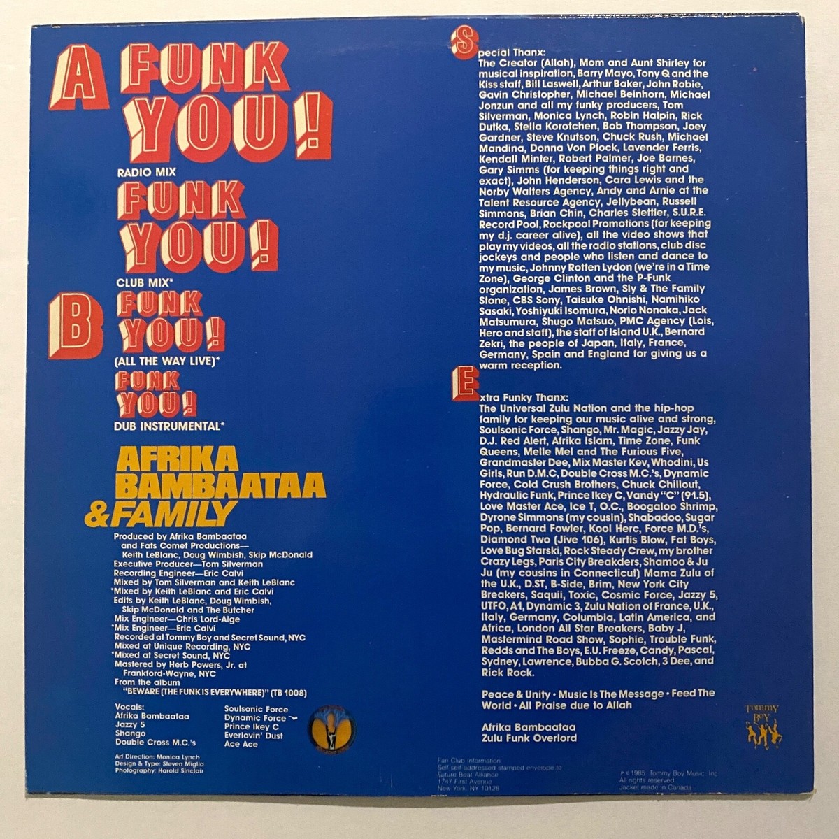 AFRIKA BAMBAATAA & FAMILY Funk You 12” Vinyl Record Album LP
