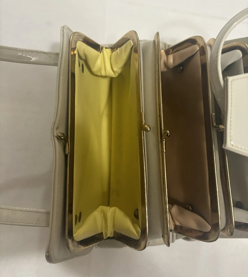 Винтажный Lou Taylor бежевый искусственной лакированной кожи сумка сумочка, три отделения - Изображение 4 из 4