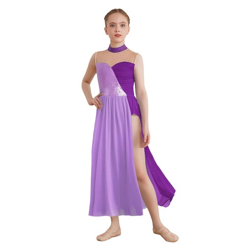 Kids Girls Bodysuit Dance Dress Keyhole Back Unitard Flowy Leotard Competition - Picture 17 of 54