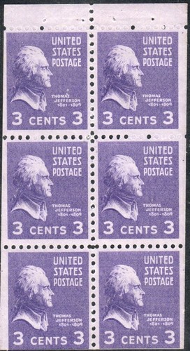 US Scott #807a booklet pane, 2 1/2 mm. vert. gutter, MNH