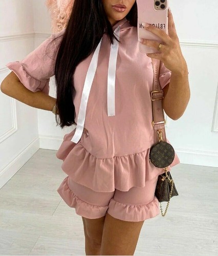 Ladies Ribbon Co ord Set Women's Pleated Frill Peplum Hoodie Short Two Piece Set - Picture 3 of 13